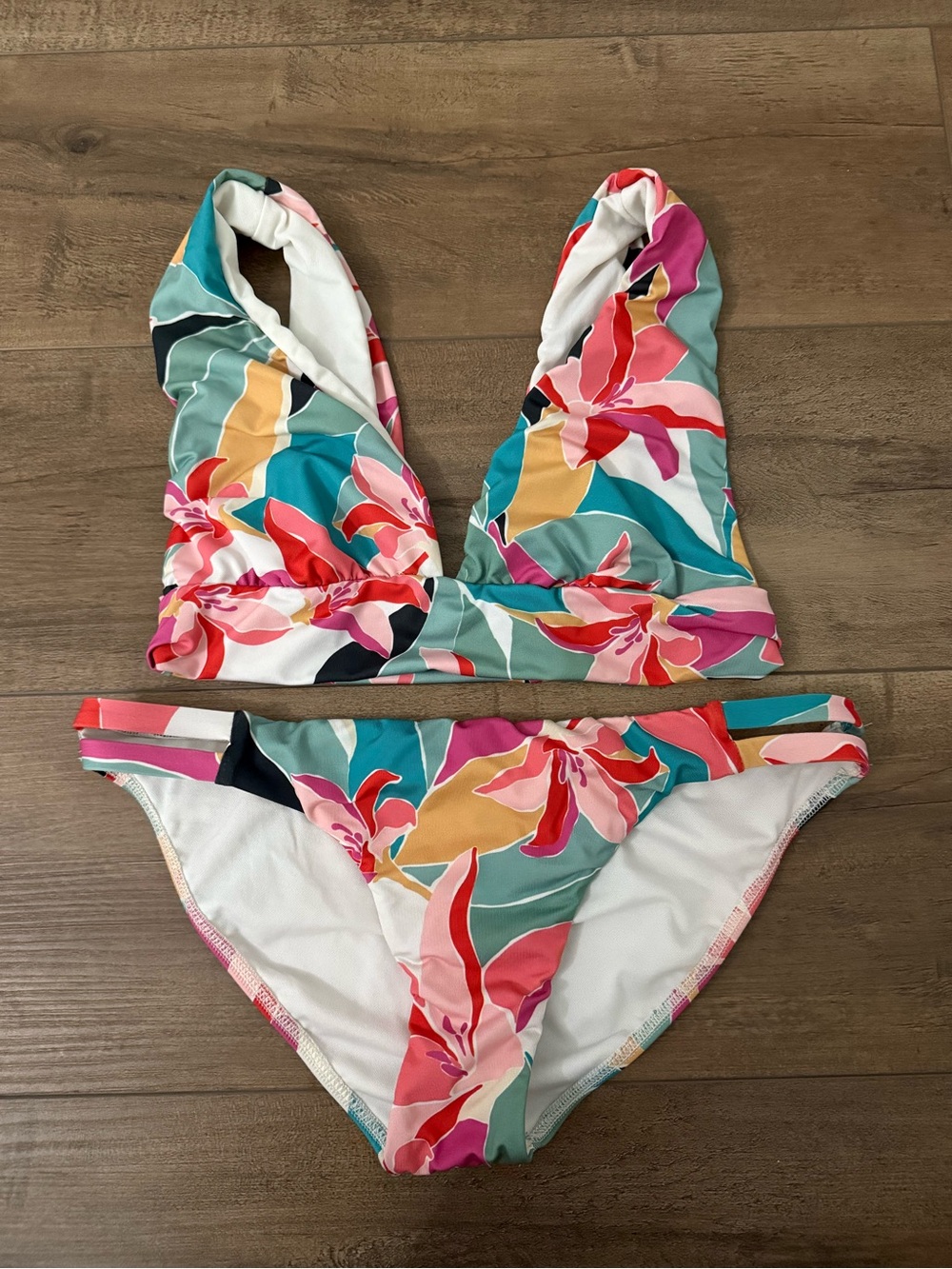 Billabong Multicolor Floral V-Neck Bikini — Teal, Pink & Coral